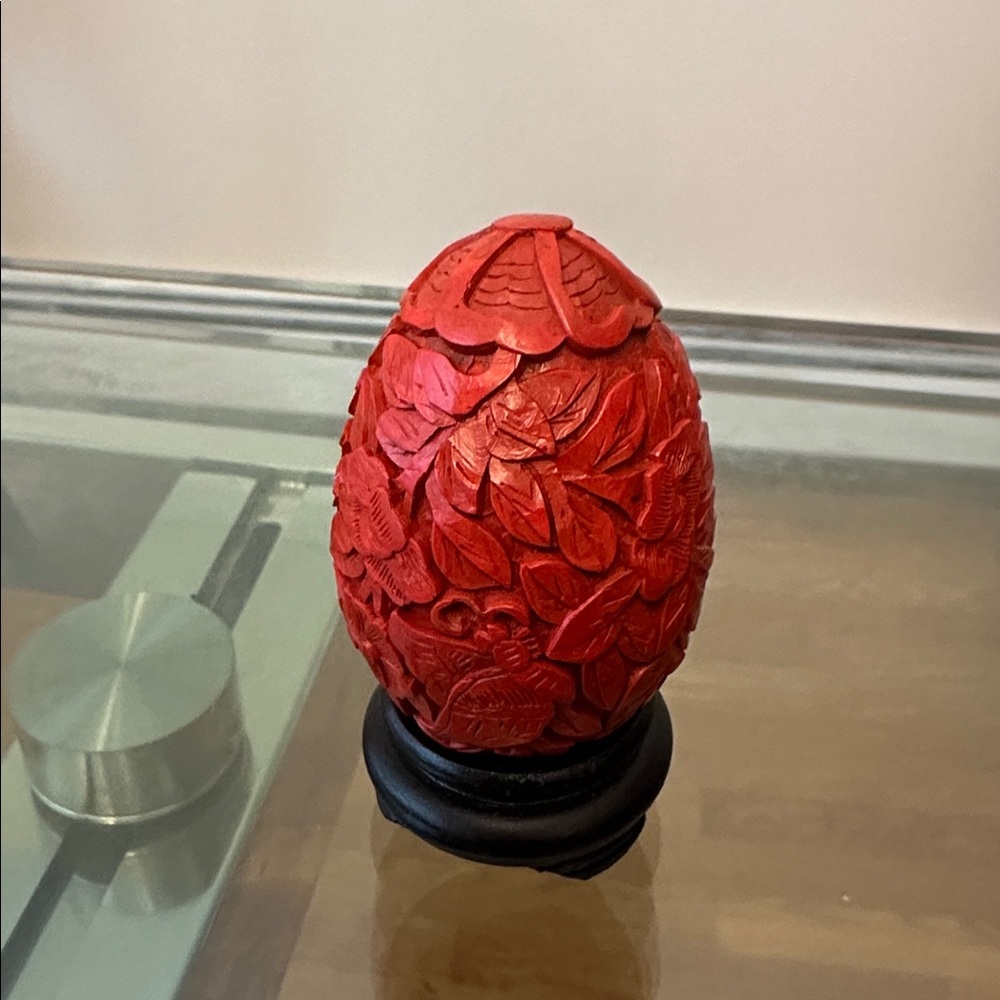 Vintage Hand Carved Cinnabar Egg with Stand